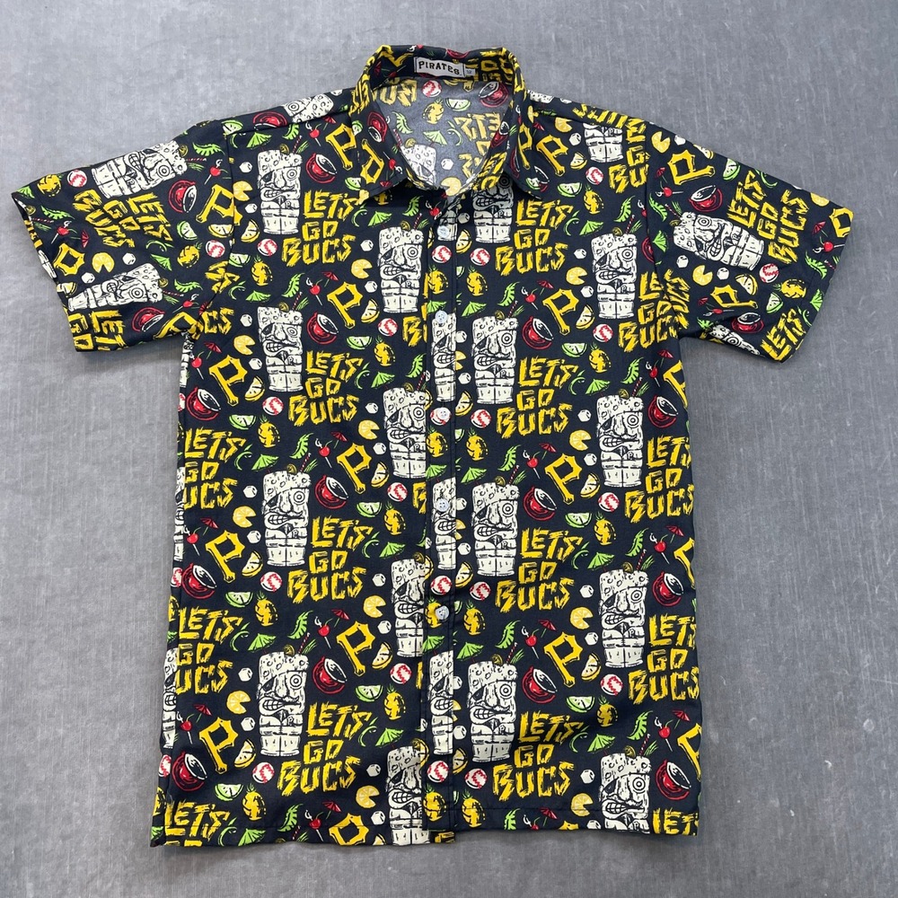 Pittsburgh Pirates Mens Small Black Tiki Let's Go Bucs Short Sleeve Button Shirt